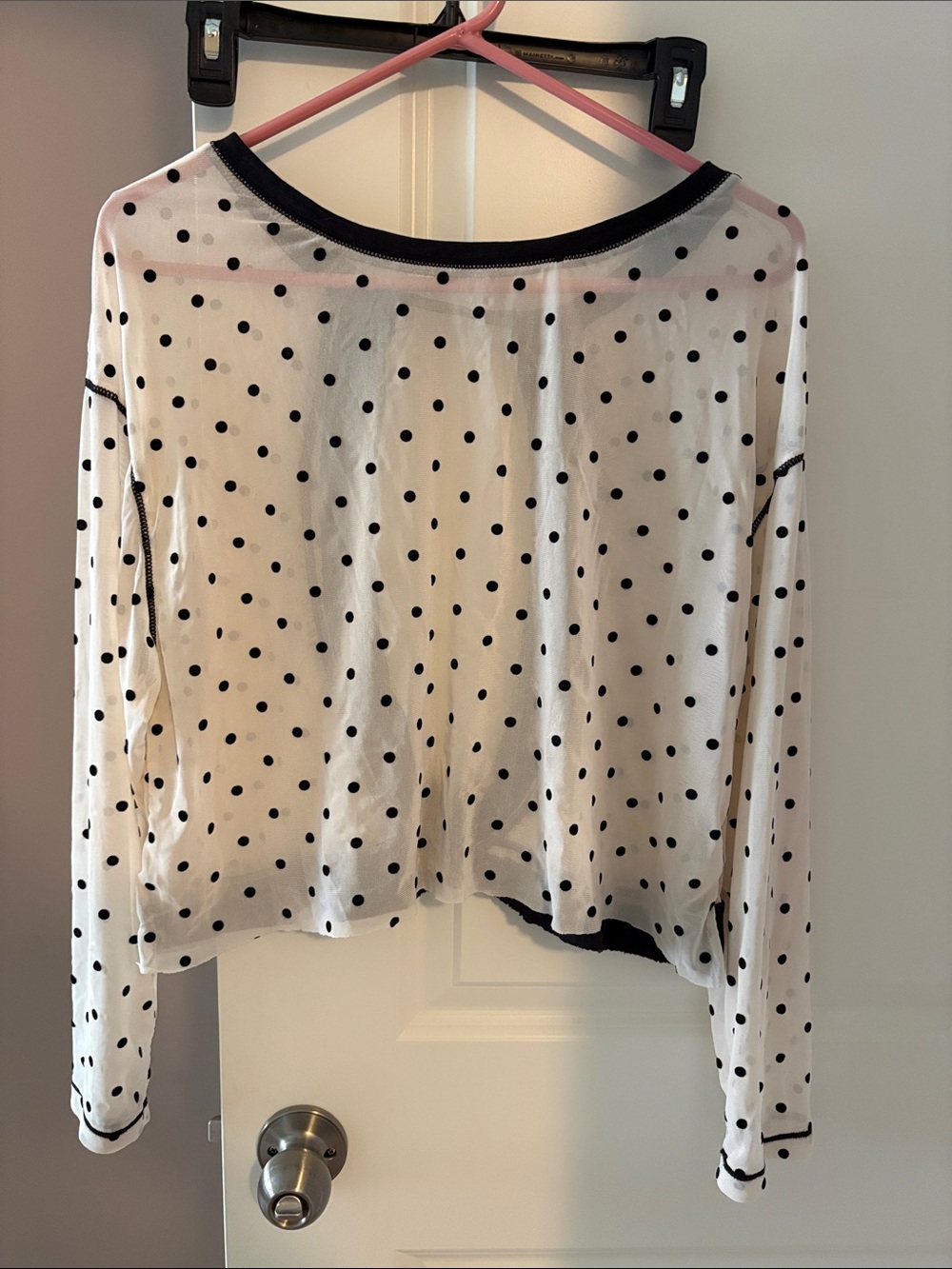 SHEIN White Long Sleeve Polka Dot Top with Black Trim